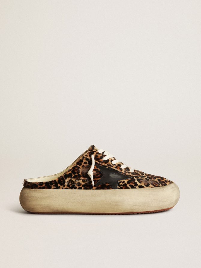 Women’s Space-Star Sabot in leopard print pony skin with black star
