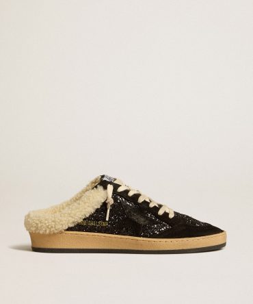 Ball Star Sabots in black glitter with black star and shearling lining
