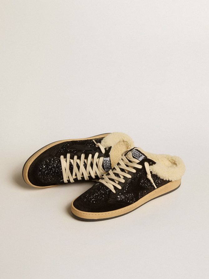 Ball Star Sabots in black glitter with black star and shearling lining - Image 2