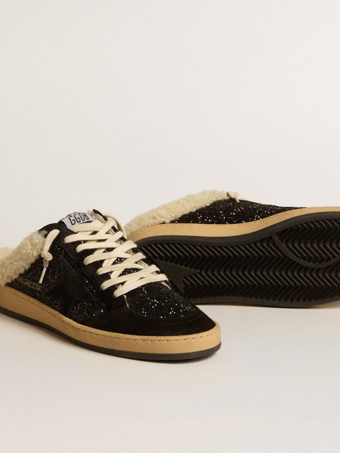 Ball Star Sabots in black glitter with black star and shearling lining - Image 3
