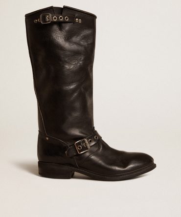 High Biker boots in black leather with silver studs and buckles