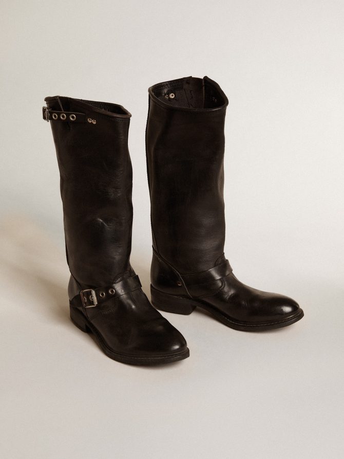 High Biker boots in black leather with silver studs and buckles - Image 2