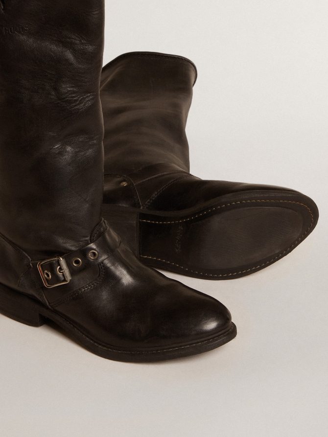 High Biker boots in black leather with silver studs and buckles - Image 3