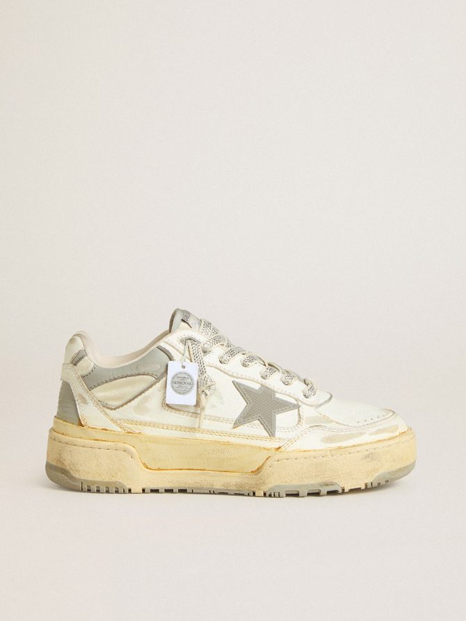 Women’s Forty2 in white leather with laces with Swarovski crystals and gray star