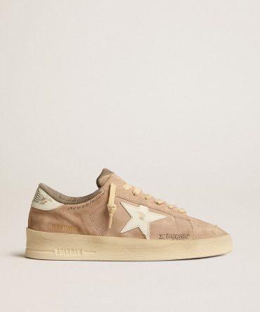 Stardan in old rose suede with white leather star and heel tab