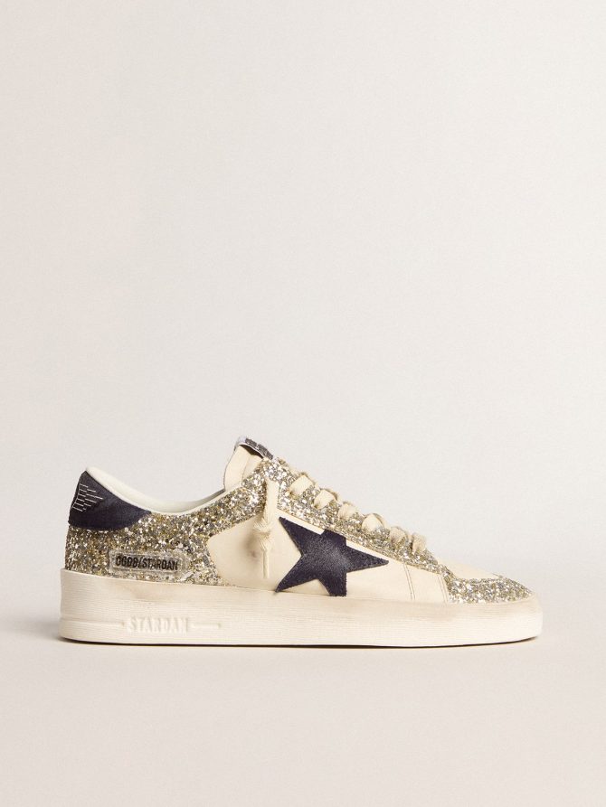 Women’s Stardan in platinum glitter with dark blue suede star and heel tab