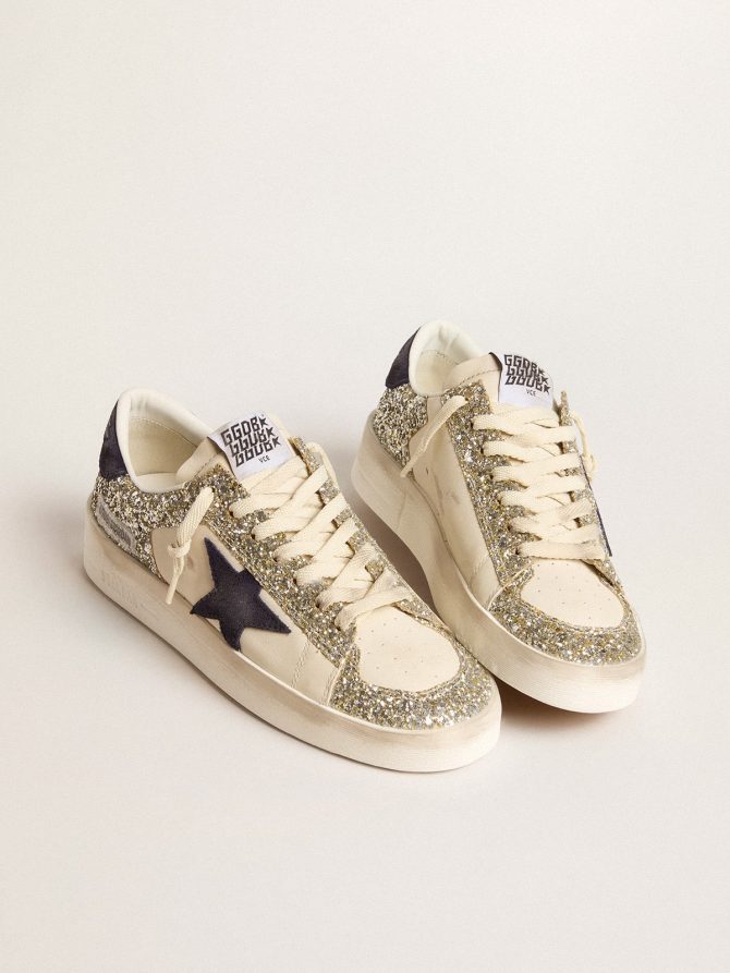 Women’s Stardan in platinum glitter with dark blue suede star and heel tab - Image 2