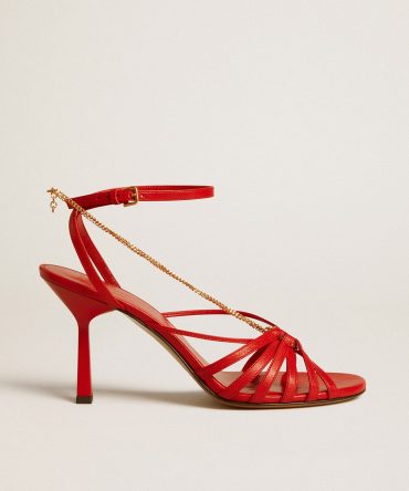 Nico high heel sandals in red nappa leather with gold chain