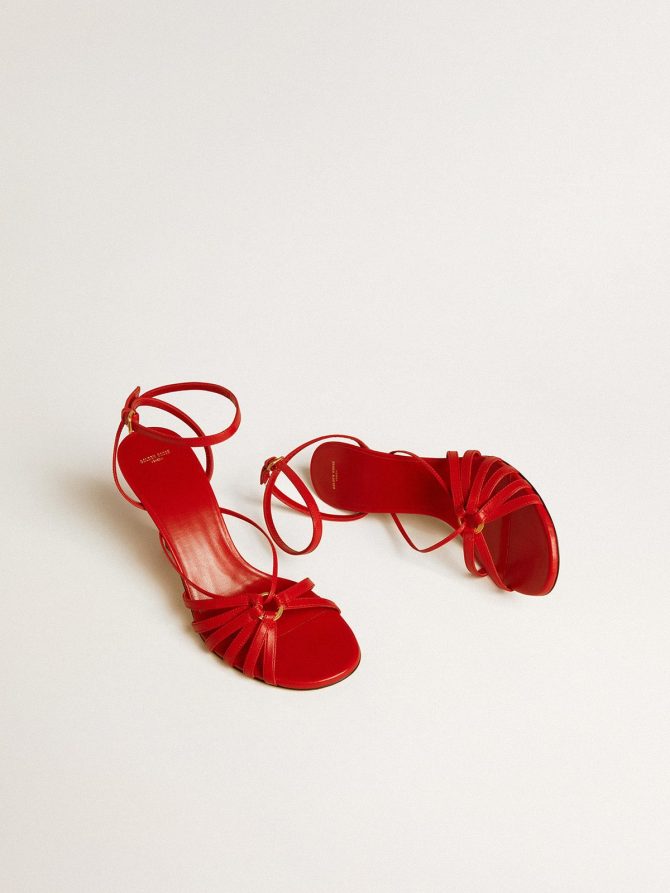 Nico high heel sandals in red nappa leather with gold chain - Image 2