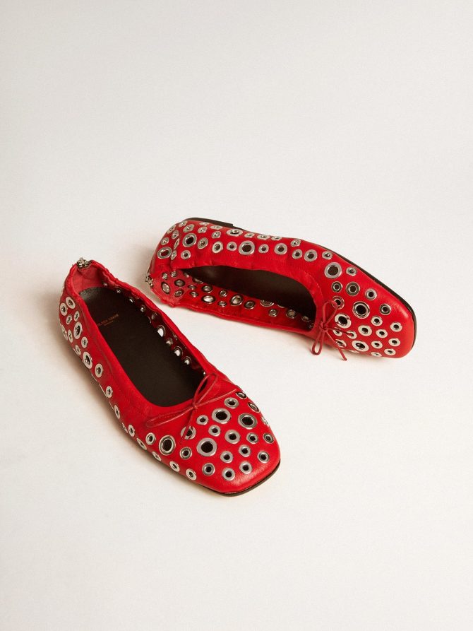 Amy ballet flats in red nappa leather with silver colored studs - Image 2