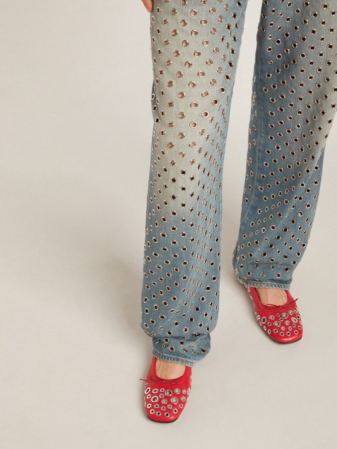 Amy ballet flats in red nappa leather with silver colored studs - Image 3
