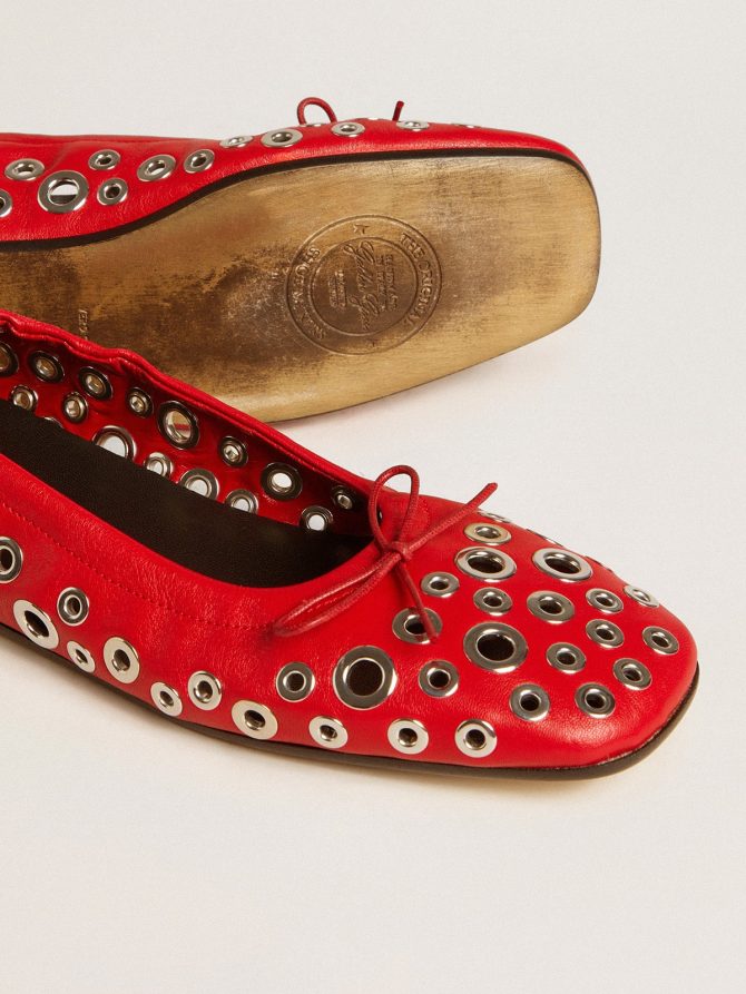 Amy ballet flats in red nappa leather with silver colored studs - Image 4