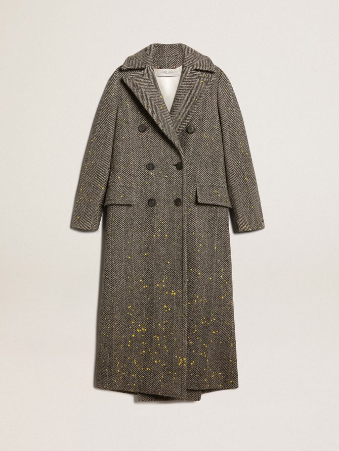 Women’s long herringbone coat with yellow details