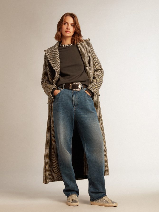 Women’s long herringbone coat with yellow details - Image 3