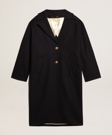 Women’s single-breasted cocoon coat in dark blue wool with gold button