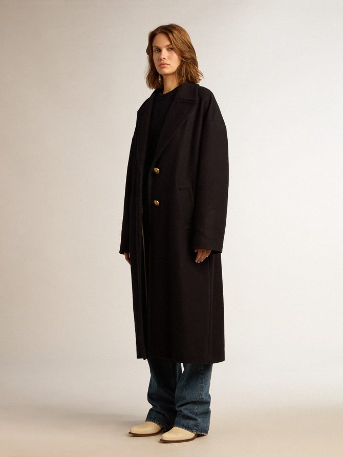 Women’s single-breasted cocoon coat in dark blue wool with gold button - Image 2
