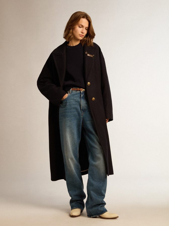Women’s single-breasted cocoon coat in dark blue wool with gold button - Image 3