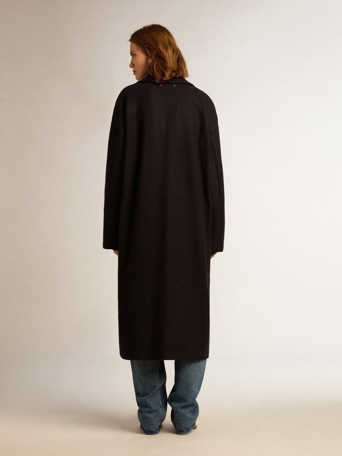 Women’s single-breasted cocoon coat in dark blue wool with gold button - Image 4