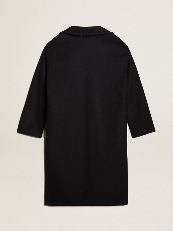 Women’s single-breasted cocoon coat in dark blue wool with gold button - Image 5