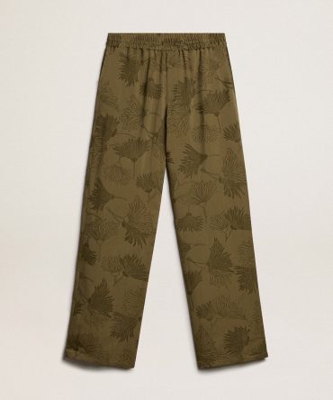 Women’s olive-colored viscose-cotton blend pants with floral pattern