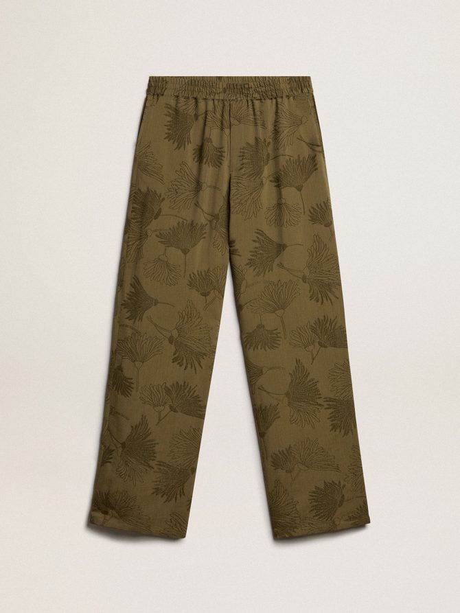 Women’s olive-colored viscose-cotton blend pants with floral pattern