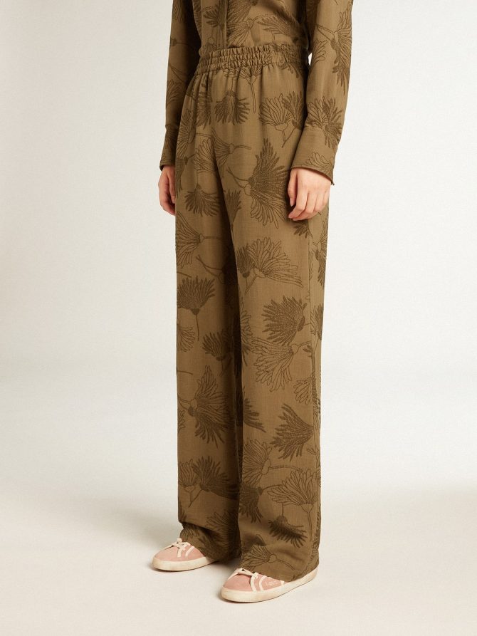 Women’s olive-colored viscose-cotton blend pants with floral pattern - Image 2