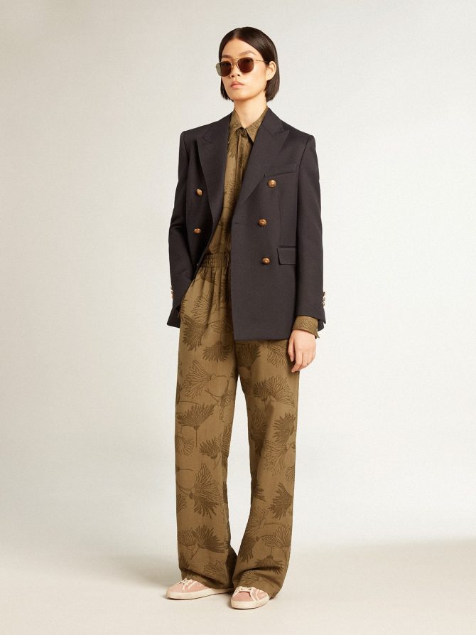 Women’s olive-colored viscose-cotton blend pants with floral pattern - Image 3