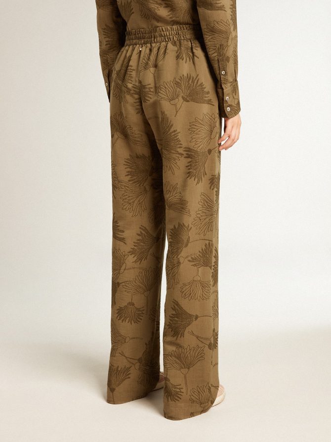 Women’s olive-colored viscose-cotton blend pants with floral pattern - Image 4