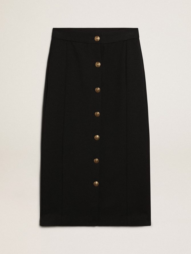 Women’s pencil skirt in dark blue wool with gold heraldic buttons