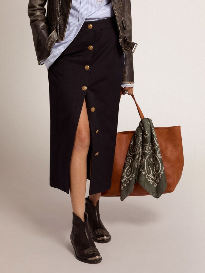 Women’s pencil skirt in dark blue wool with gold heraldic buttons - Image 2