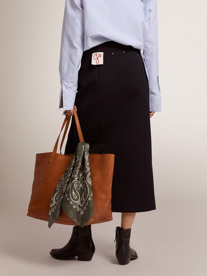 Women’s pencil skirt in dark blue wool with gold heraldic buttons - Image 4