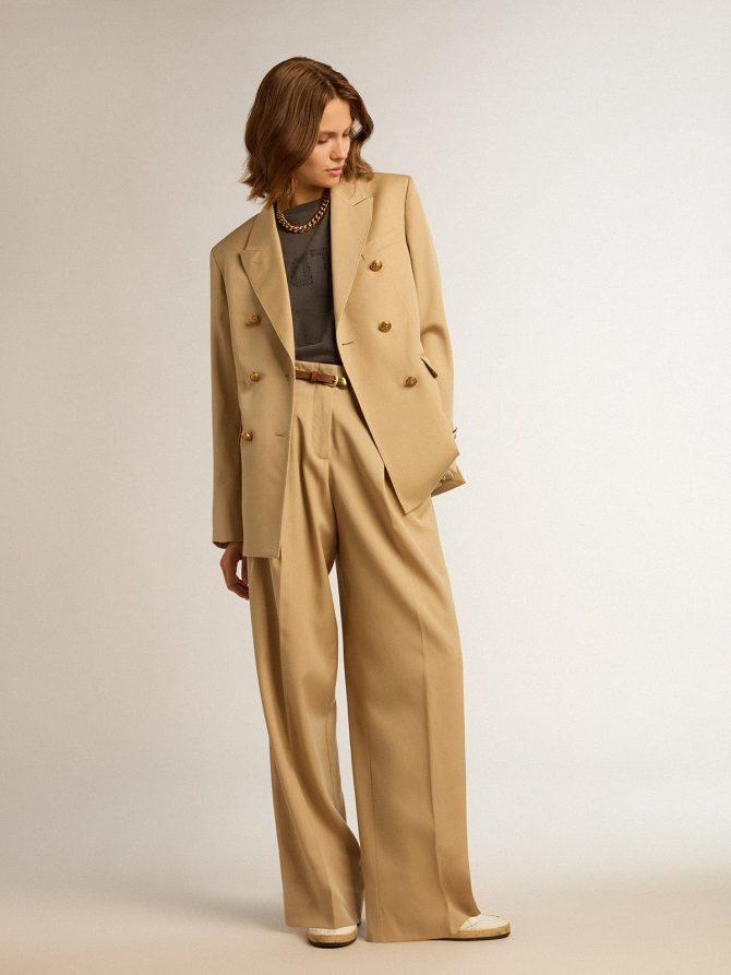 Women’s double-breasted blazer in sand with gold heraldic buttons - Image 3
