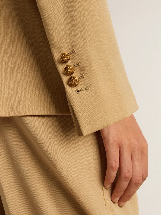 Women’s double-breasted blazer in sand with gold heraldic buttons - Image 5