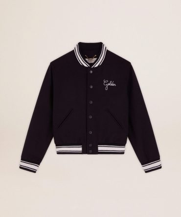Women’s bomber jacket in dark blue wool with white details