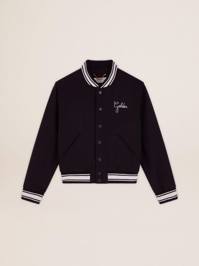 Women’s bomber jacket in dark blue wool with white details