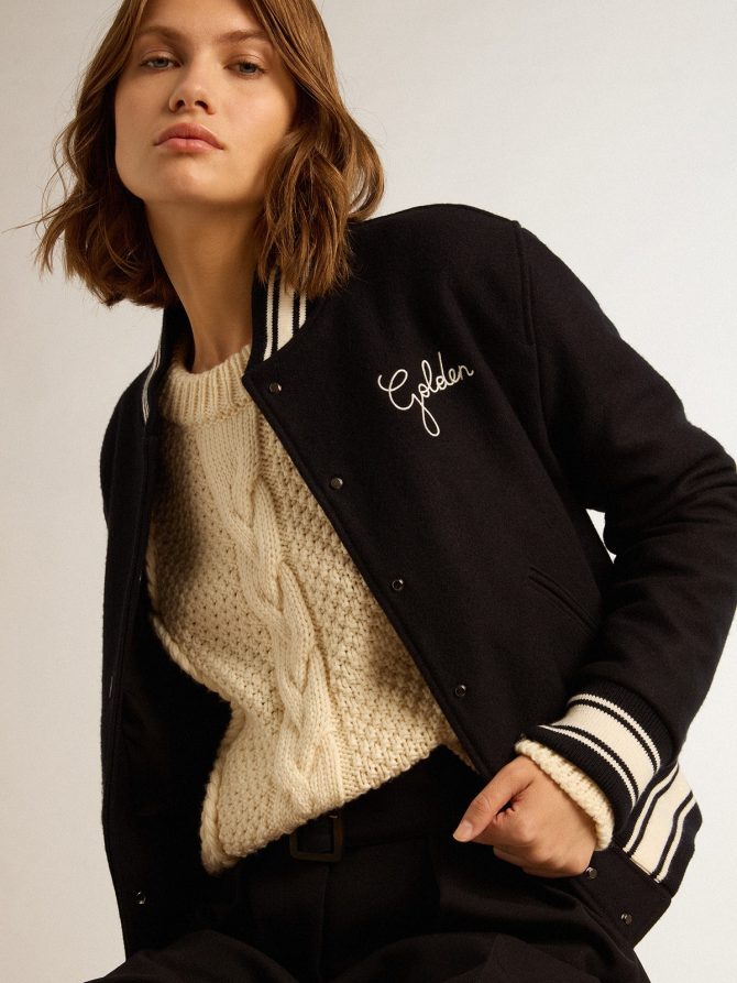 Women’s bomber jacket in dark blue wool with white details - Image 2