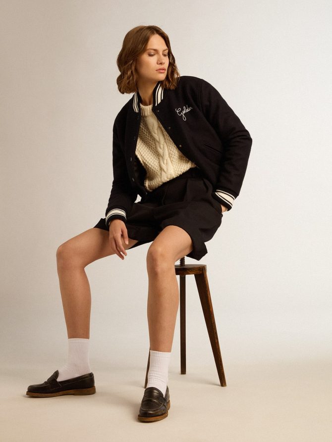 Women’s bomber jacket in dark blue wool with white details - Image 3