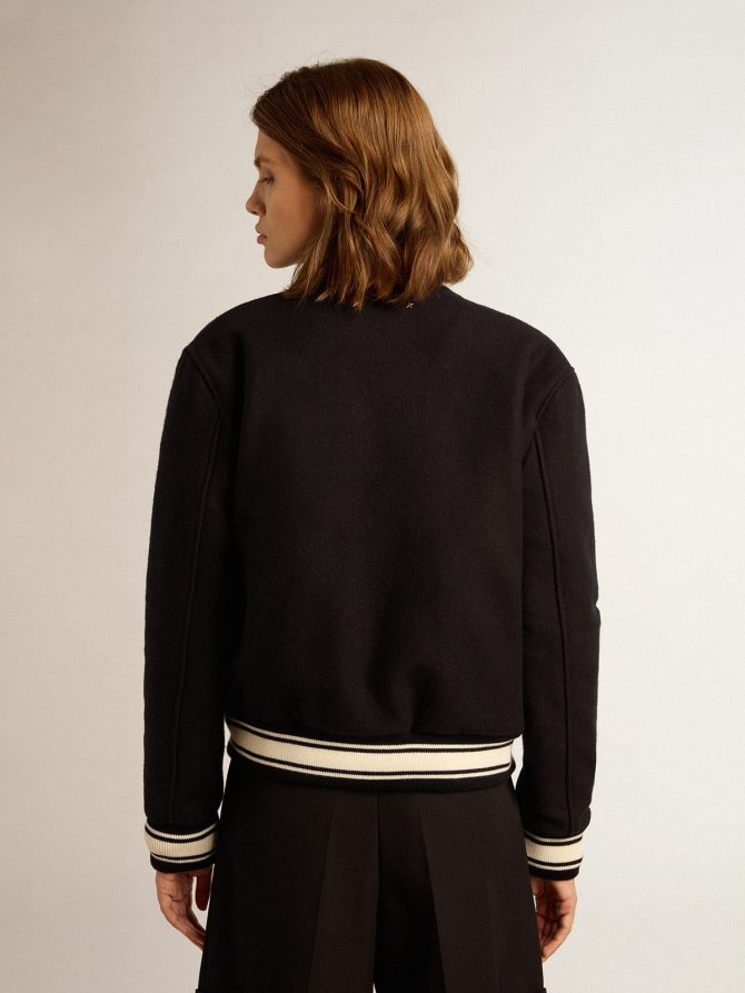 Women’s bomber jacket in dark blue wool with white details - Image 4