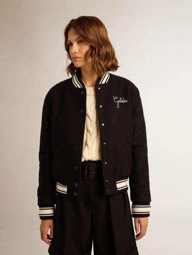 Women’s bomber jacket in dark blue wool with white details - Image 5