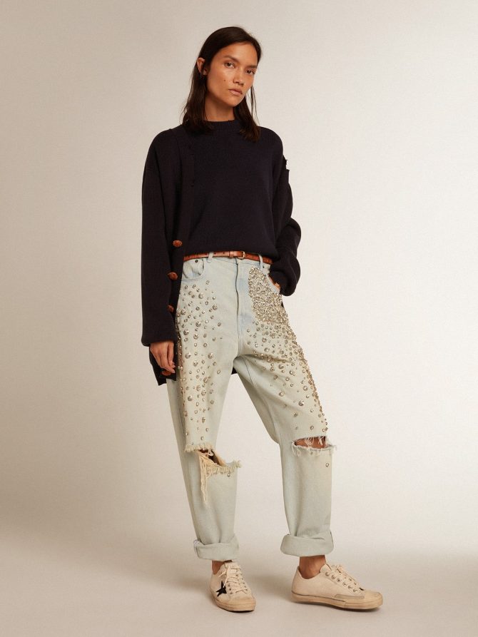 Women’s round-neck sweater in dark blue cotton - Image 3