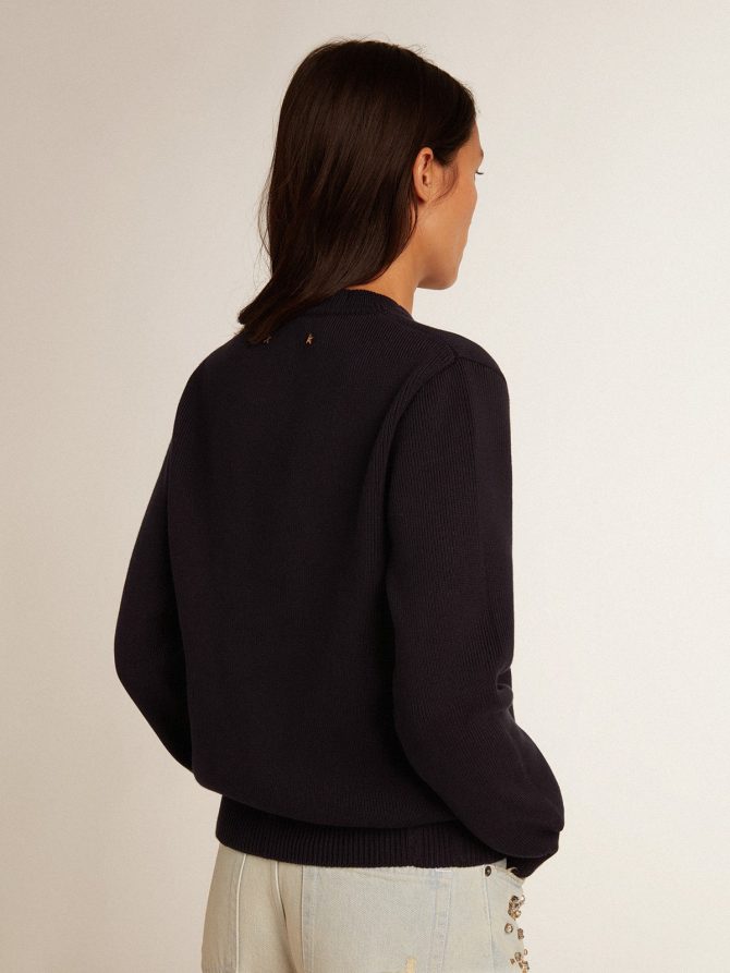 Women’s round-neck sweater in dark blue cotton - Image 4