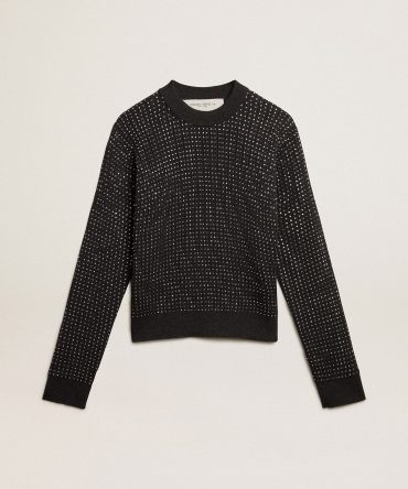 Round-neck sweater in merino wool with all-over crystals