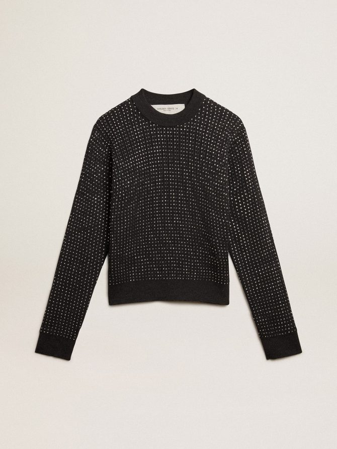 Round-neck sweater in merino wool with all-over crystals