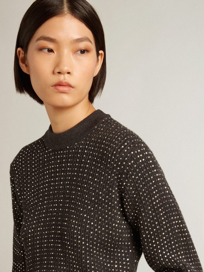 Round-neck sweater in merino wool with all-over crystals - Image 2