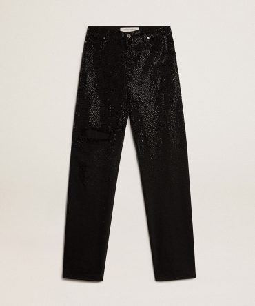 Women’s cotton denim pants with shaded-effect crystal decoration