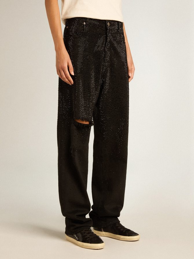 Women’s cotton denim pants with shaded-effect crystal decoration - Image 2