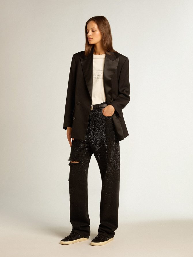 Women’s cotton denim pants with shaded-effect crystal decoration - Image 3