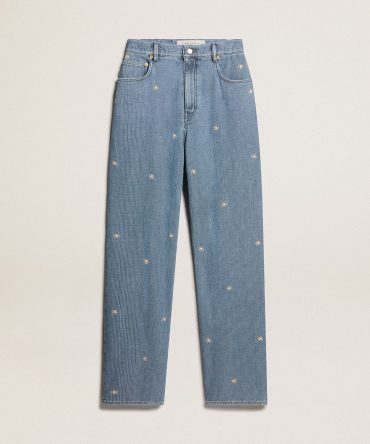 Women’s cotton denim pants with floral embroidery