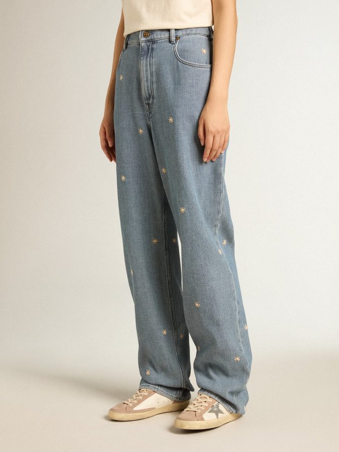 Women’s cotton denim pants with floral embroidery - Image 2