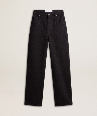 Women’s cotton denim pants with crystal and stone decoration